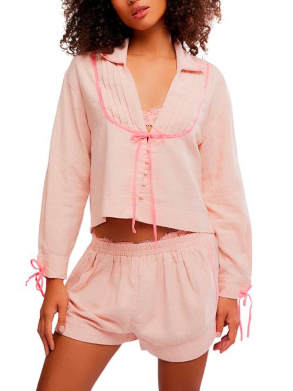 FREE PEOPLE 2pc Long Sleeve Top And Shorts Close To Home Flannel Set